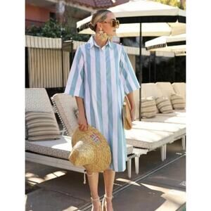 Lake x Atlantic Pacific Marnie Caftan Azure Stripe Night Shirt Dress Cotton